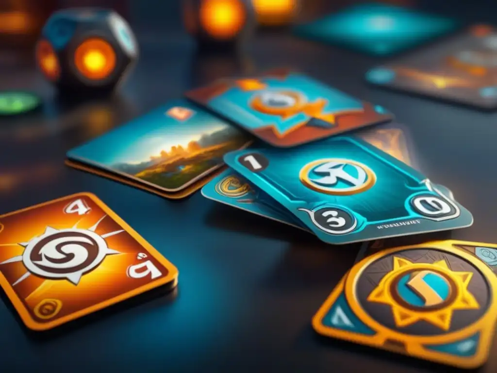 Un jugador barajando un mazo de cartas KeyForge, revelando diseños vibrantes y símbolos únicos en un juego de cartas único