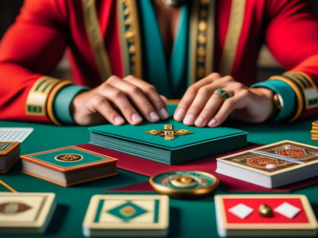 Un jugador concentra las mejores estrategias en el juego Codex, ordenando meticulosamente cartas coloridas e intrincadas en la mesa