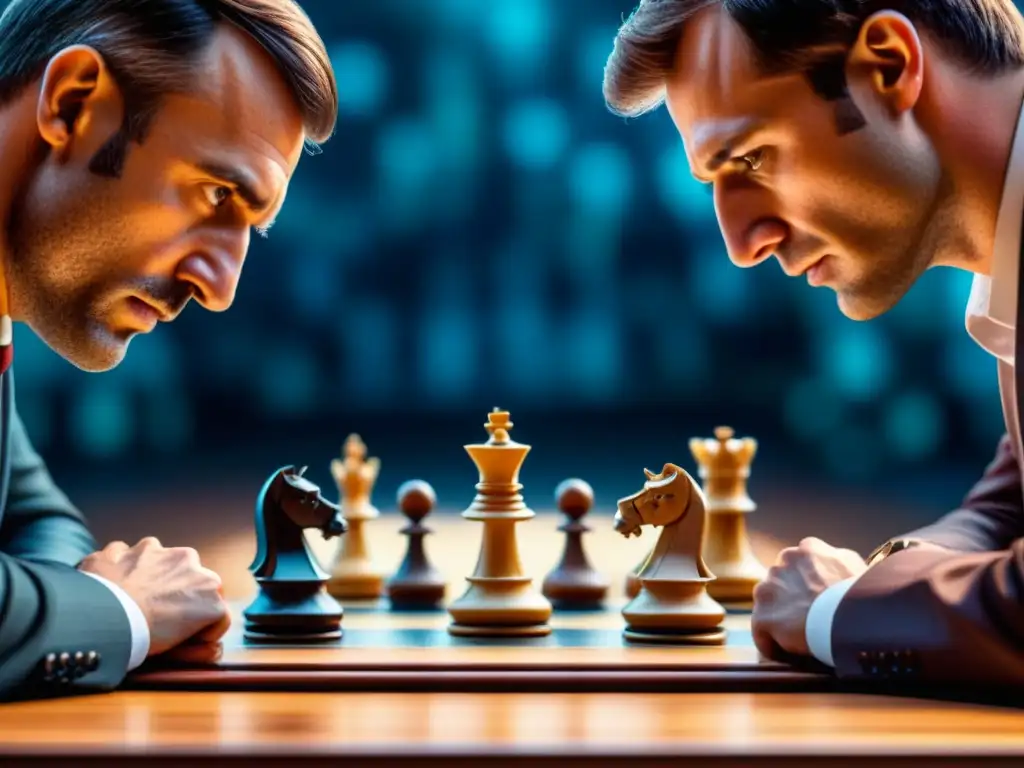 Dos jugadores de ajedrez intensos enfrentándose en un torneo, mostrando concentración y determinación en un tablero de madera