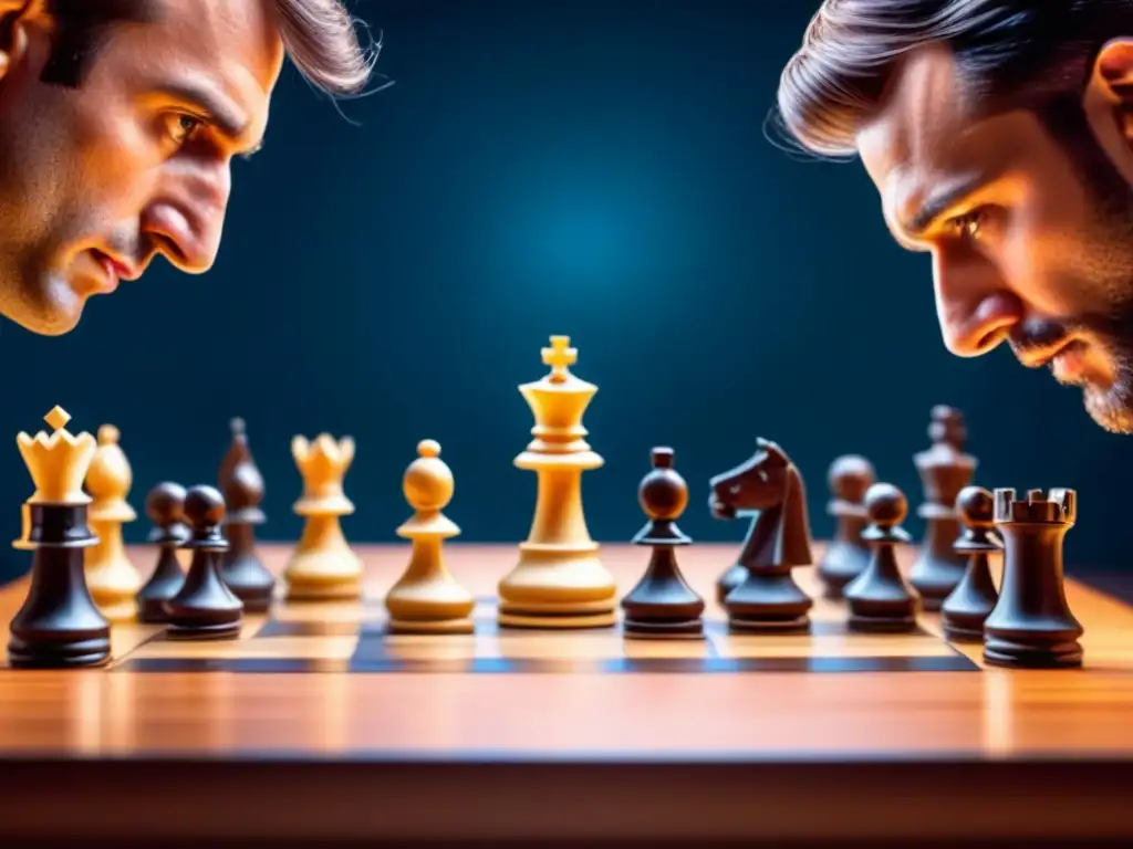 Dos jugadores de ajedrez en plena concentración, uno a punto de mover una pieza mientras el otro observa atentamente, estrategias juego de mesa Chess