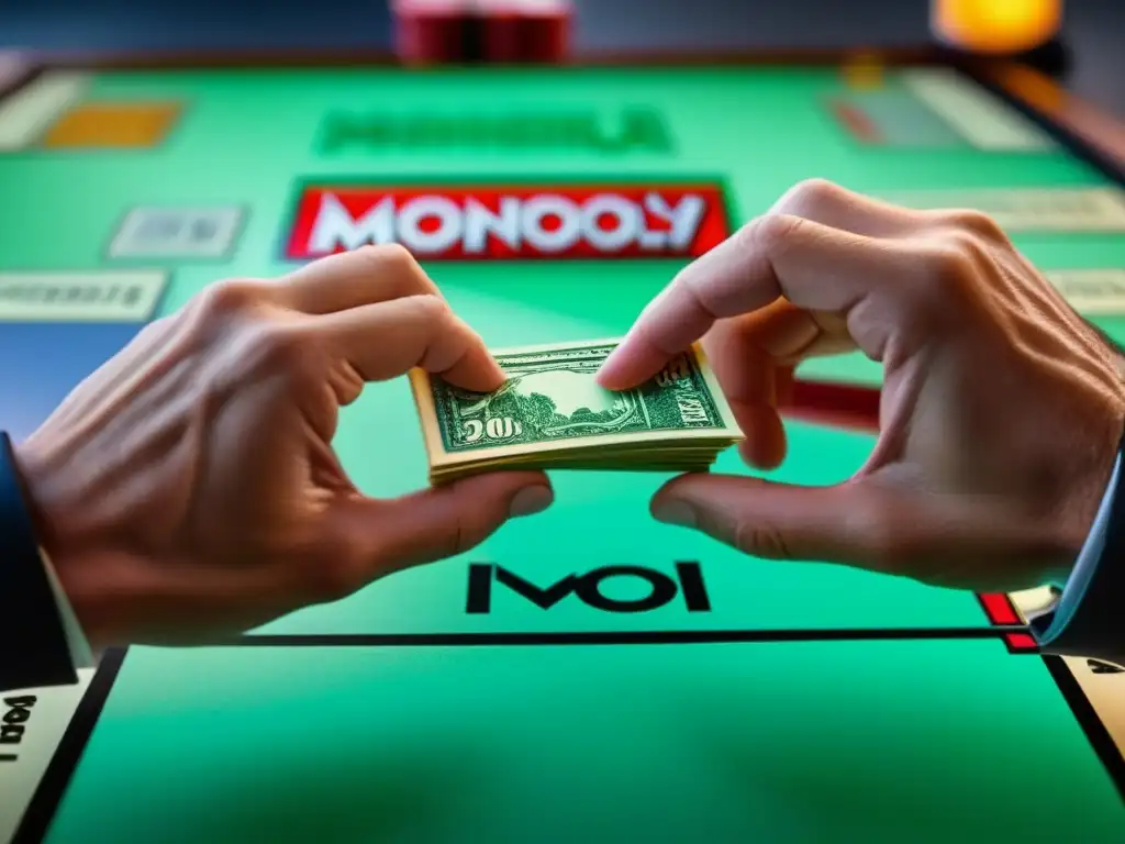 Jugadores concentrados y determinados agarrando dinero de Monopoly en una partida intensa