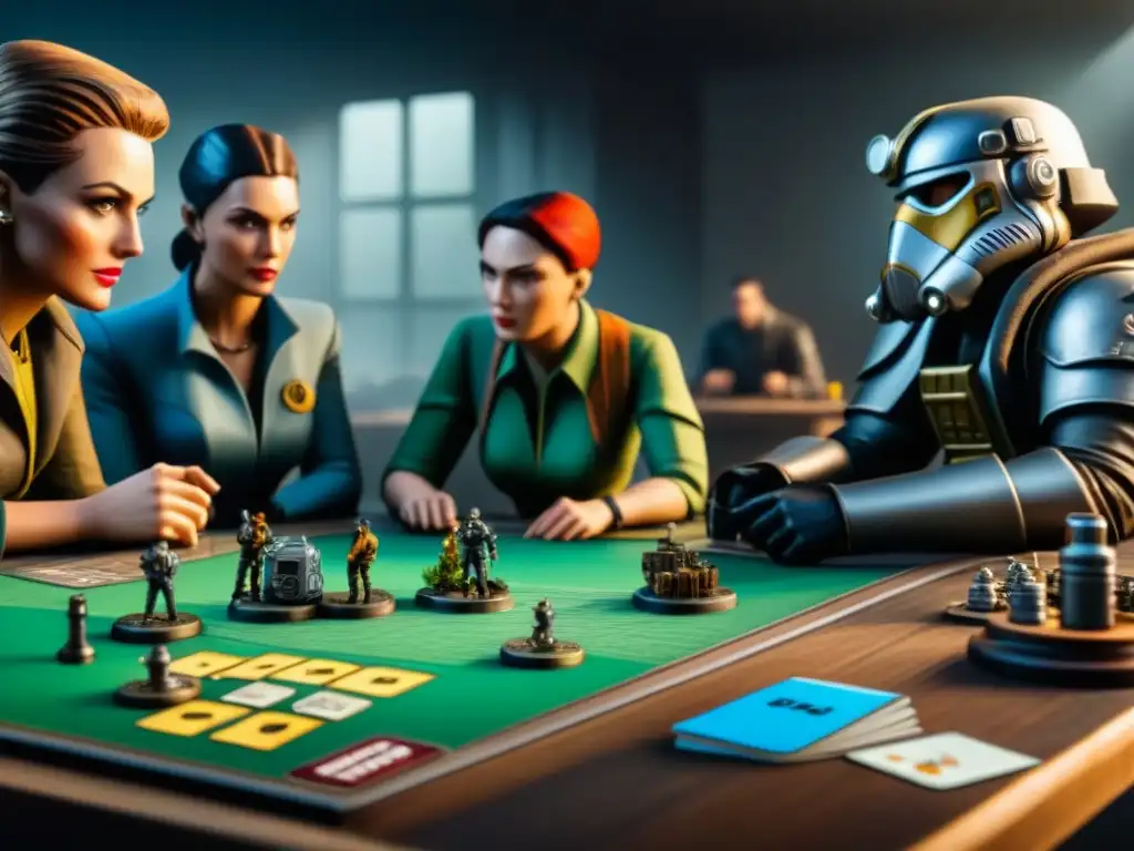 Jugadores concentrados en estrategias de Fallout juego de mesa