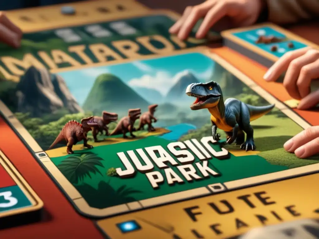 Jugadores concentrados en estrategias Jurassic Park juego mesa, inmersos en divertida partida educativa