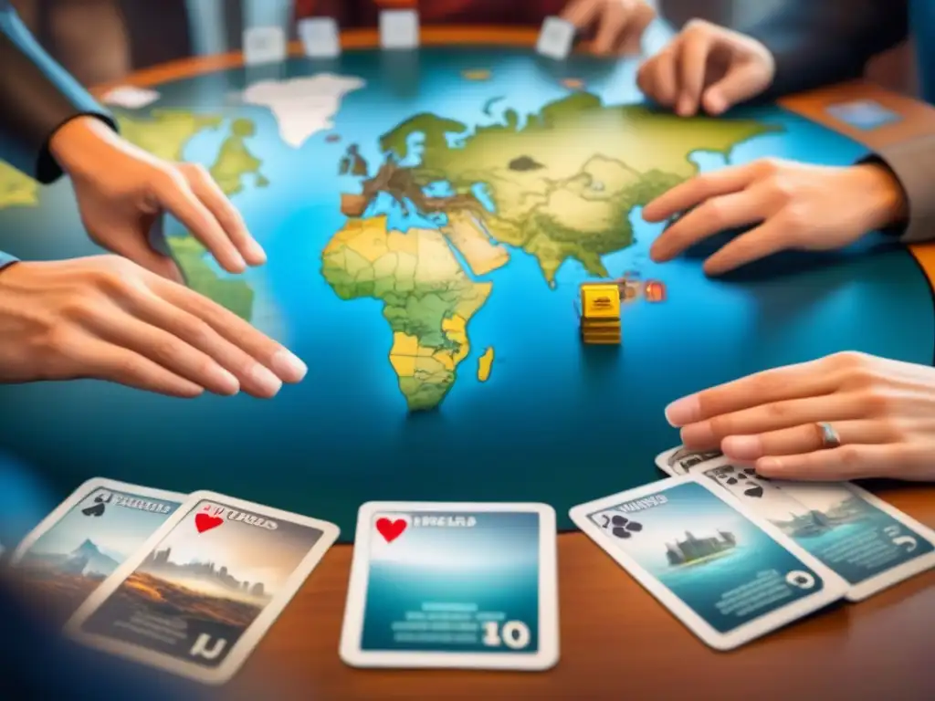 Jugadores concentrados discuten estrategias Pandemic Juego de Cartas en un mapa mundial borroso, transmitiendo urgencia y trabajo en equipo