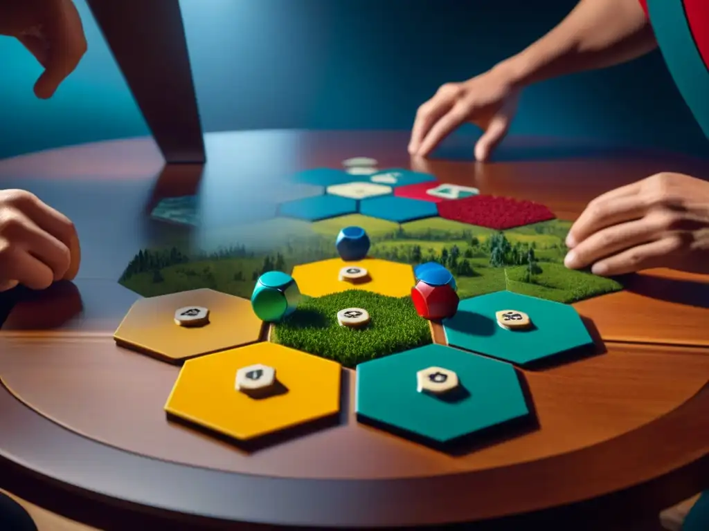 Cuatro jugadores concentrados en estrategias para ganar Catan alrededor de un tablero lleno de fichas hexagonales coloridas