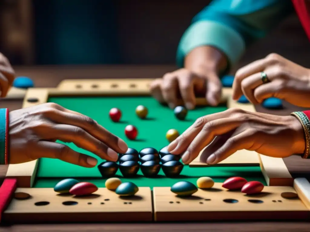 Dos jugadores concentrados en una intensa partida de Mancala, rodeados de piezas coloridas y expresiones estratégicas