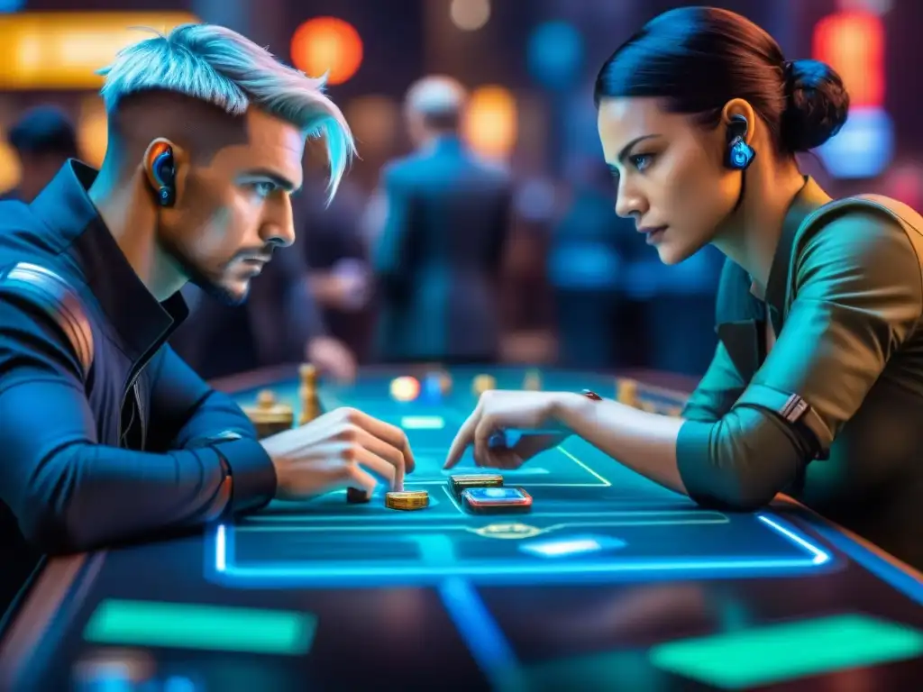 Dos jugadores concentrados en un intenso partido de Android: Netrunner, rodeados de cartas y fichas