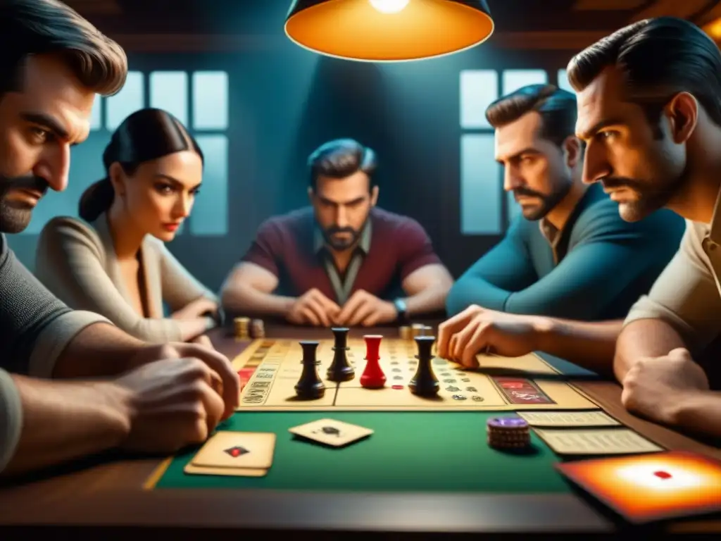 Jugadores concentrados en el juego de mesa Saboteur, estrategias en un ambiente de tablero subterráneo