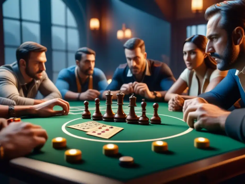 Jugadores concentrados en juego de mesa, mostrando emoción y estrategia