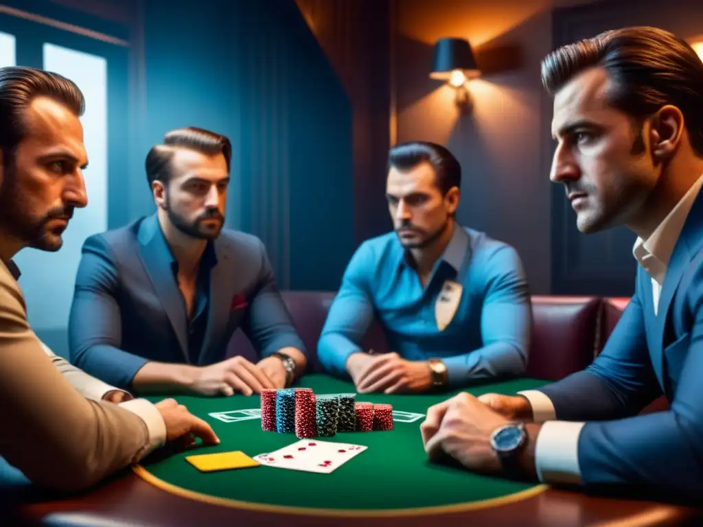 Jugadores de poker concentrados en la mesa, bajo luz tenue, expresando estrategia y anticipación