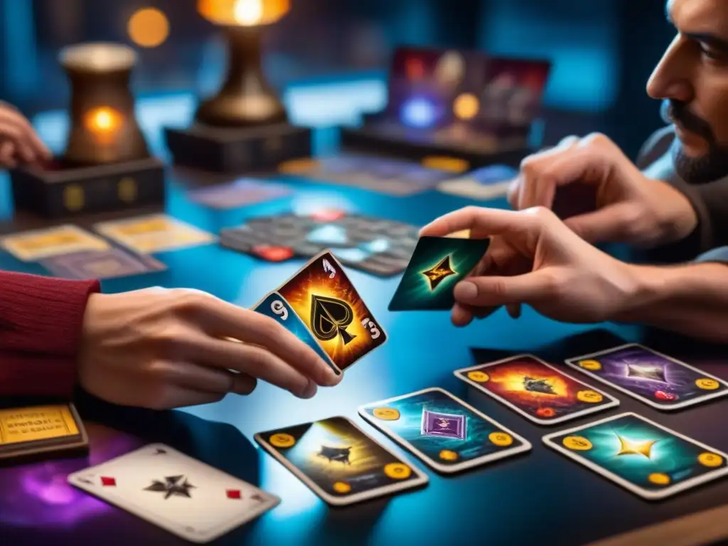 Dos jugadores concentrados en una partida de Star Realms, con cartas estratégicamente en mano, en una atmósfera acogedora de juego de mesa