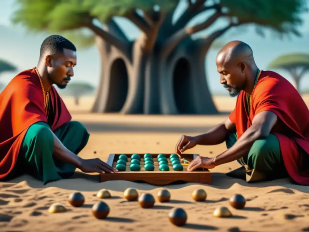 Dos jugadores concentrados en el tradicional juego Mancala bajo un baobab en la sabana africana