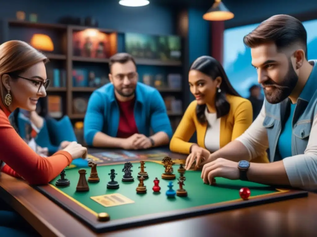 Diversos jugadores de todas las edades disfrutan de emocionantes juegos de mesa en un ambiente acogedor que promueve la camaradería y la pasión por el juego