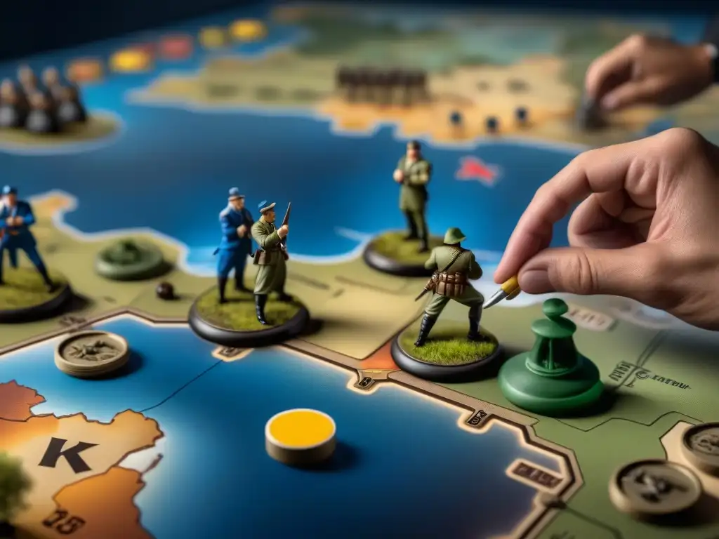 Jugadores enfocados en estrategias Axis & Allies victorias, rodeados de reglas y piezas de juego, en una atmósfera intensa y competitiva