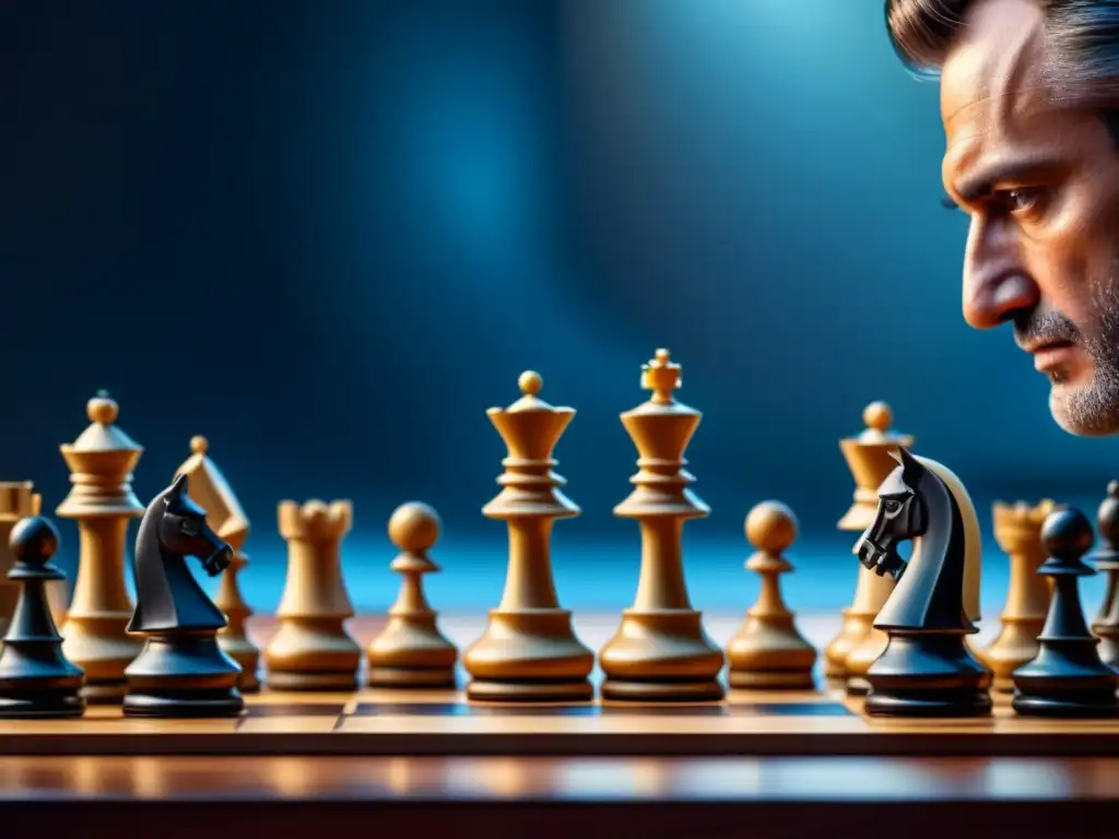 Partida de ajedrez épica: estrategia y emoción en un tablero hipermoderno Jugadores enfocados en un intenso partido de ajedrez hipermoderno, con espectadores expectantes
