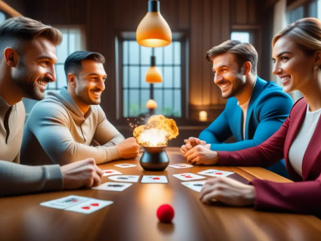 Jugadores con estrategias disruptivas Exploding Kittens, llenos de emoción y anticipación en intenso juego de mesa