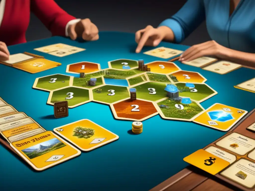 Jugadores estrategias Catan juego cartas dominar, inmersos en emocionante partida táctica