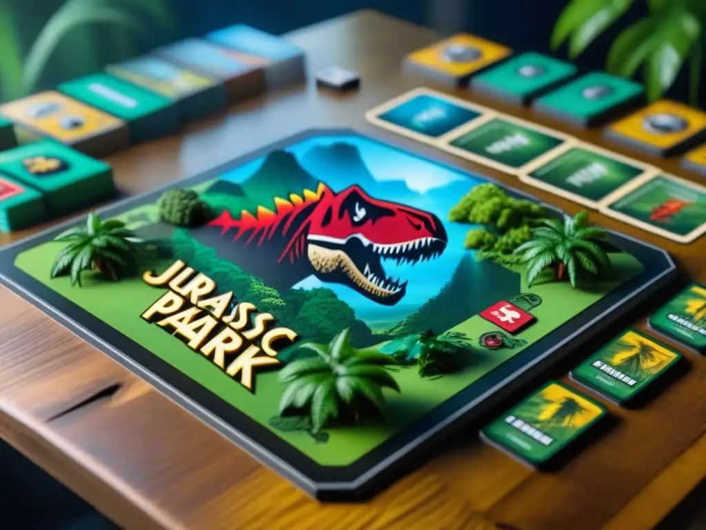 Jugadores estrategias Jurassic Park juego mesa, inmersos en la competencia del juego de mesa con piezas y tablero detallados