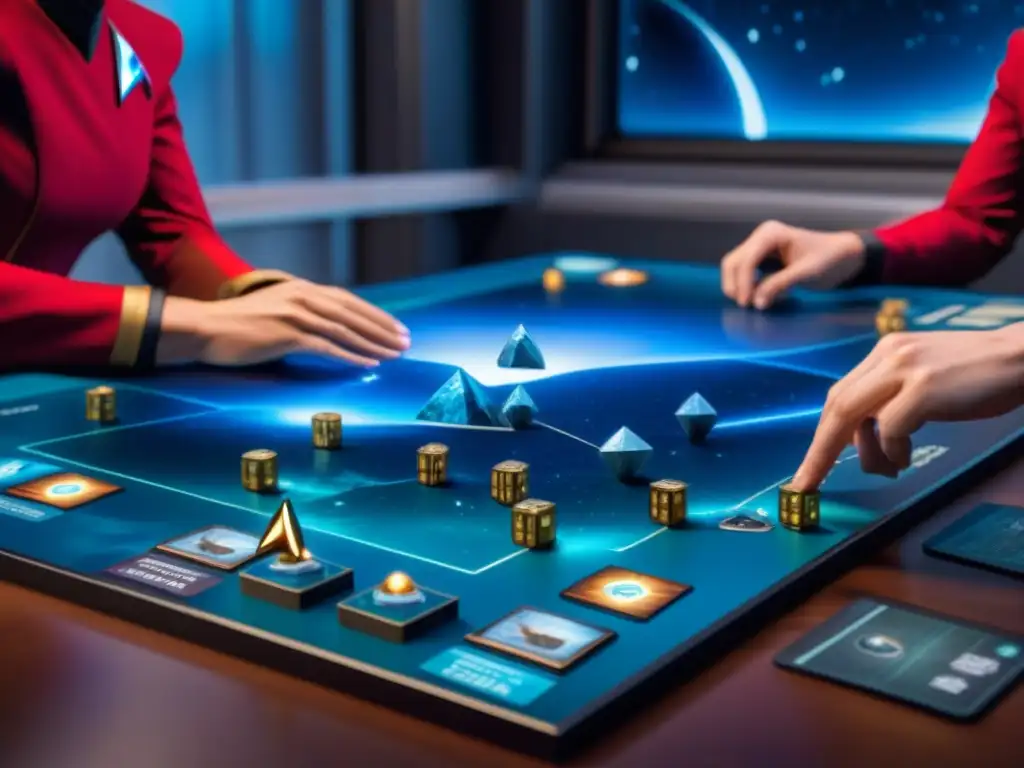 Jugadores de Estrategias Star Trek Catan colocando piezas en tablero galáctico, rodeados de recursos y estrellas