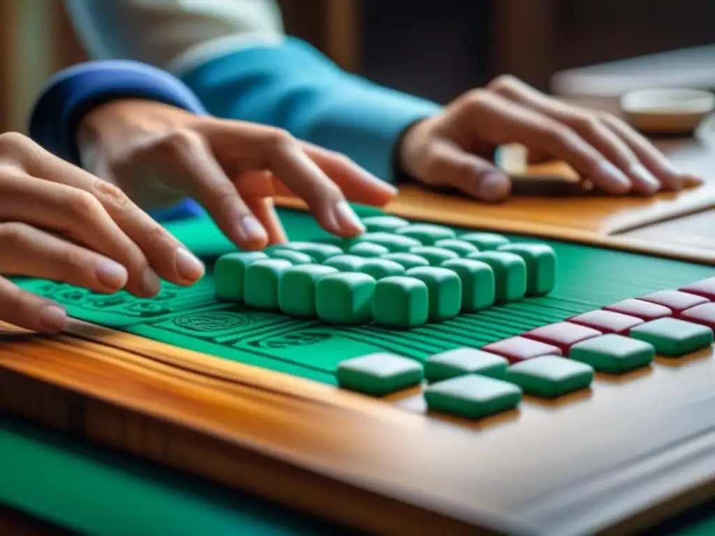 Jugadores de mahjong colocando piezas en mesa de madera tallada Jugadores arreglando fichas de mahjong en mesa tallada, resaltando detalles y texturas