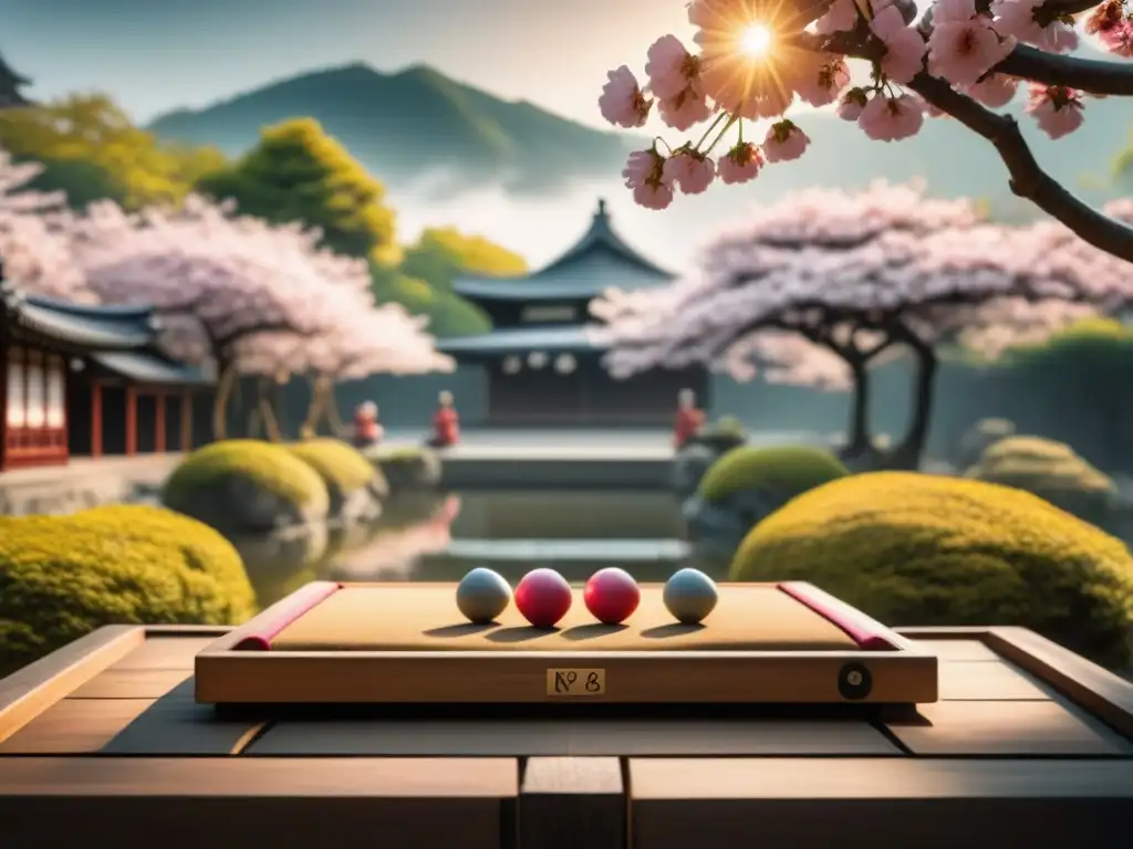 Dos jugadores de Go concentrados en una partida en un jardín japonés con cerezos en flor, reflejando la historia del juego de Go