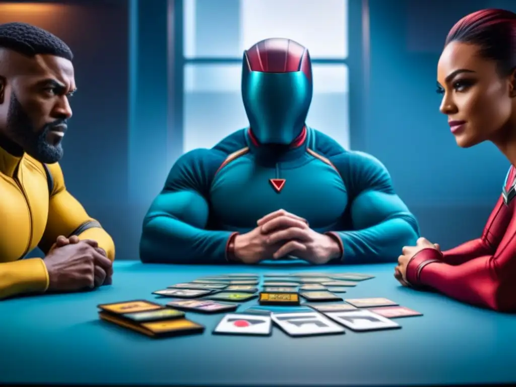 Jugadores de Historia Marvel Champions juego cartas debaten estrategias en ambiente inclusivo y educativo