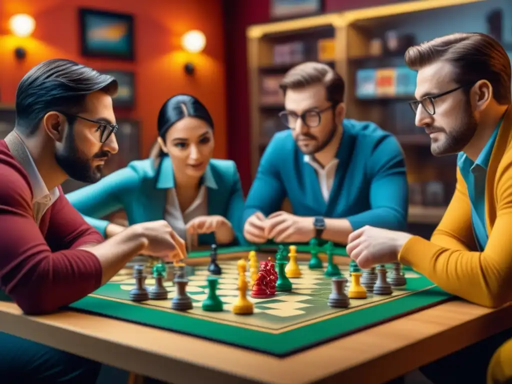 Jugadores influyentes ligas juegos mesa compiten intensamente en vibrante café de juegos de mesa