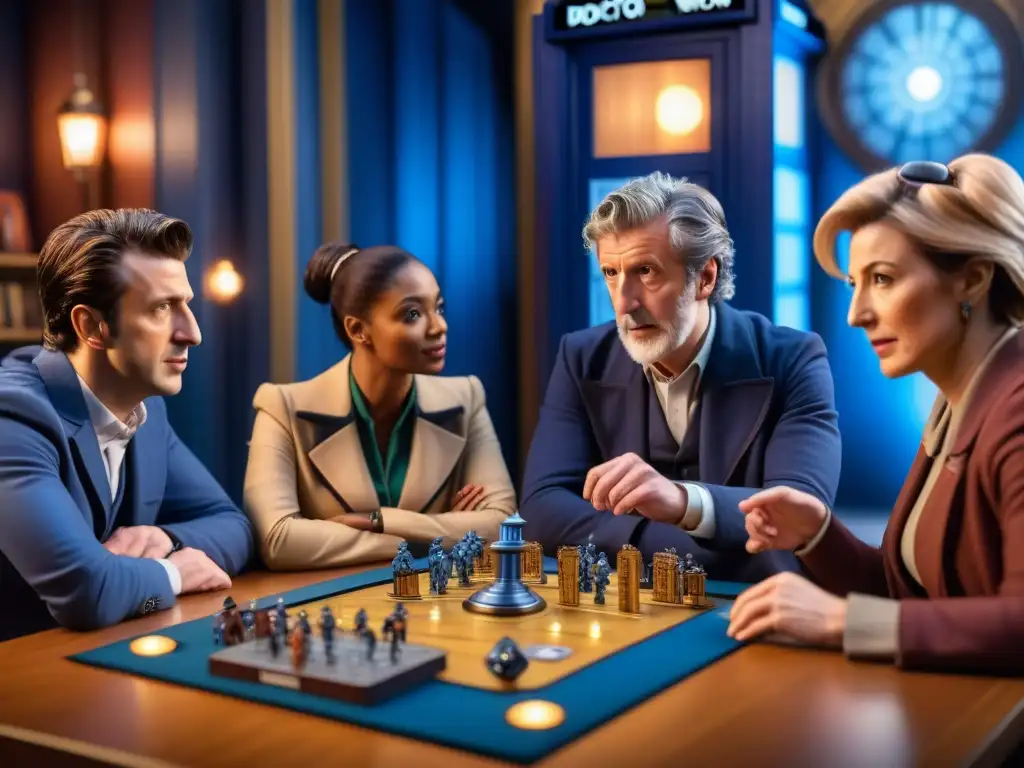 Diversos jugadores inmersos en el emocionante juego de mesa de Doctor Who, rodeados de detalles de la serie