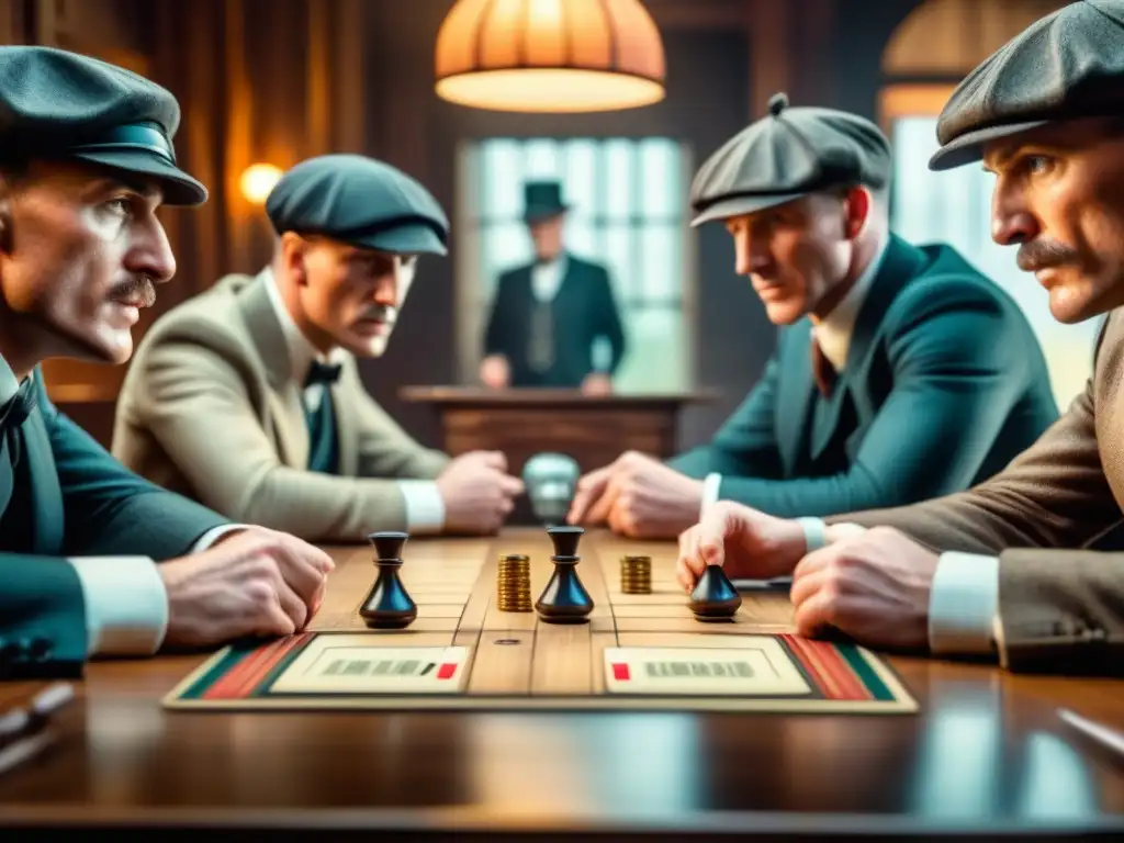 Jugadores inmersos en estrategias Peaky Blinders juego mesa, concentración intensa en sus rostros