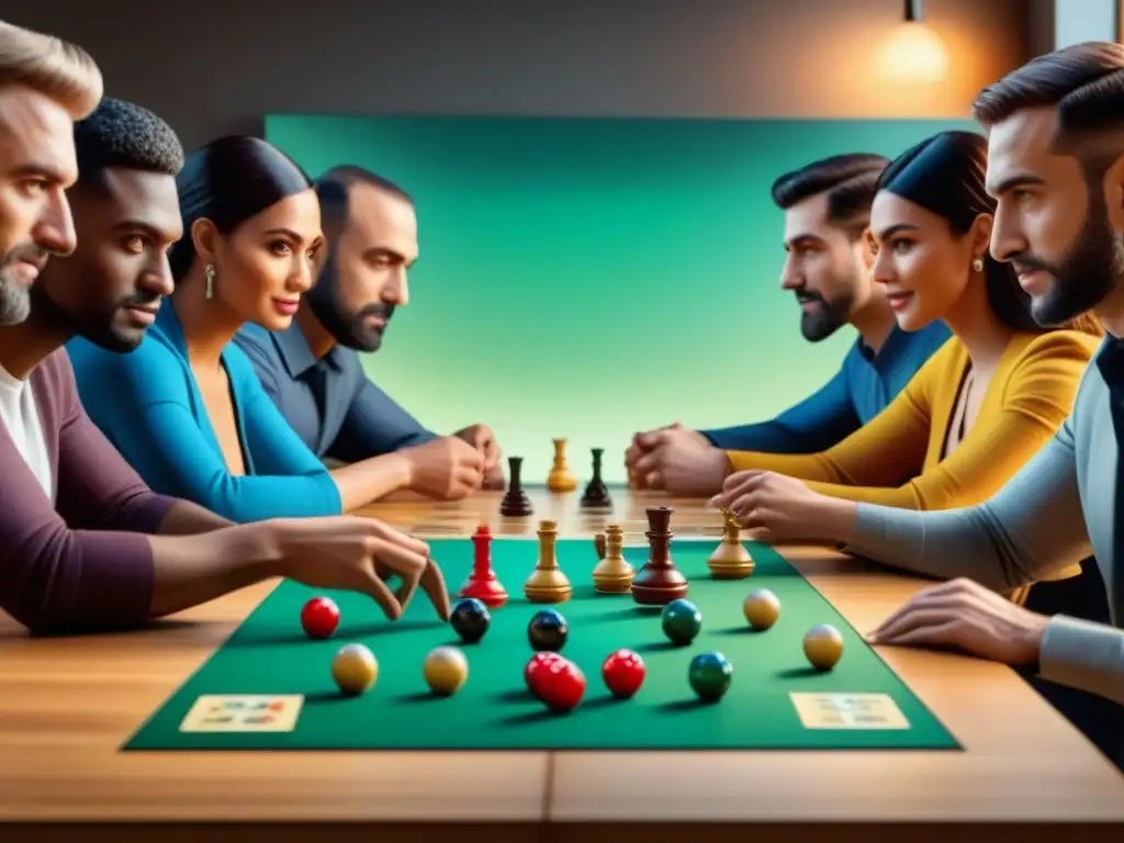 Diversos jugadores inmersos en una intensa partida estratégica de juegos de mesa, transmitiendo camaradería y emoción