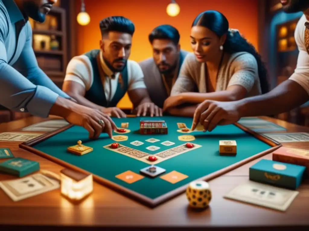 Jugadores inmersos en juego de mesa con inspiración cultural, en ambiente vibrante y educativo