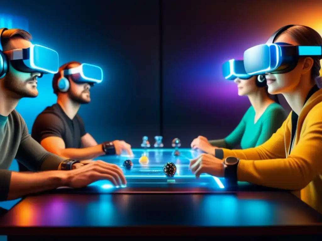 Jugadores inmersos en juego de mesa futurista con realidad virtual Jugadores inmersos en juego de mesa futurista con hologramas, fusionando realidad virtual en juegos de mesa