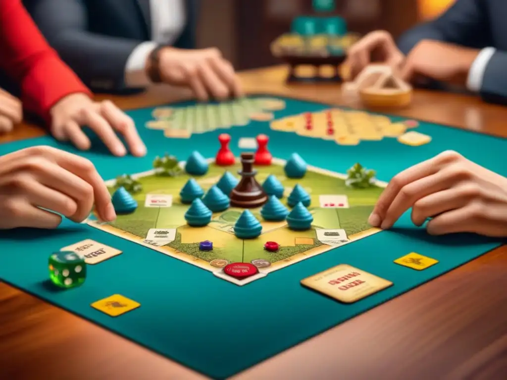 Jugadores inmersos en el juego de mesa Catan, estrategia y diversión en una noche de juegos