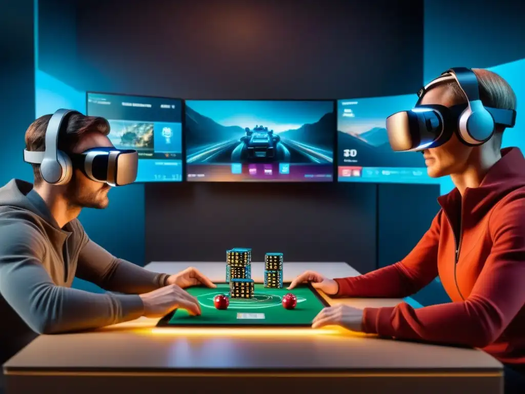 Jugadores inmersos en realidad virtual disfrutan de juego futurista Jugadores inmersos en Realidad Virtual en juegos de mesa futuristas, interactuando con proyecciones digitales en una sala hightech