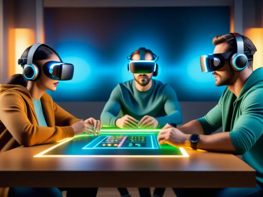Experiencia de juego de mesa en realidad virtual Jugadores inmersos en Realidad Virtual en juegos de mesa, interactuando con hologramas en una mesa futurista