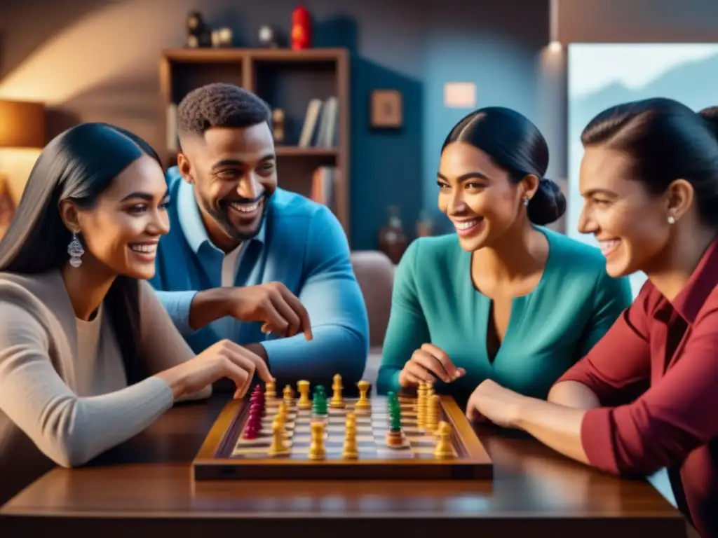 Varios jugadores disfrutan de un juego de mesa, mostrando beneficios de trabajo en equipo y diversión
