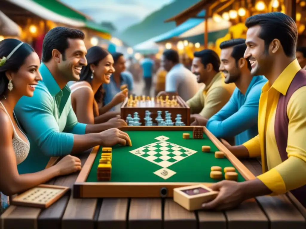 Jugadores de mesa brasileños disfrutando de coloridos juegos tradicionales en un mercado diverso