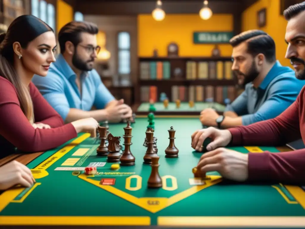 Jugadores de mesa concentrados construyendo colección juegos mesa valor en animado café