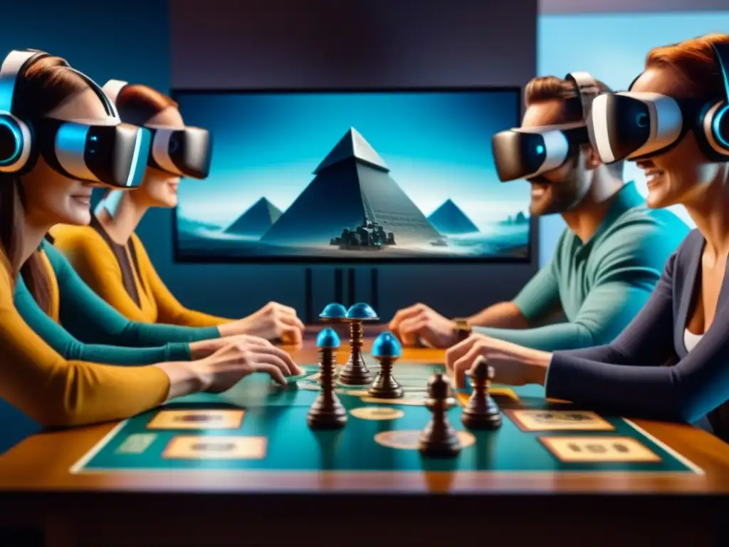 Jugadores de mesa diverso en Realidad Virtual para juegos de mesa, inmersos en un ambiente futurista