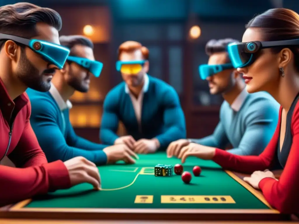 Jugadores de mesa usan lentes de realidad aumentada en CrossMarketing, interactuando con el juego de forma inmersiva