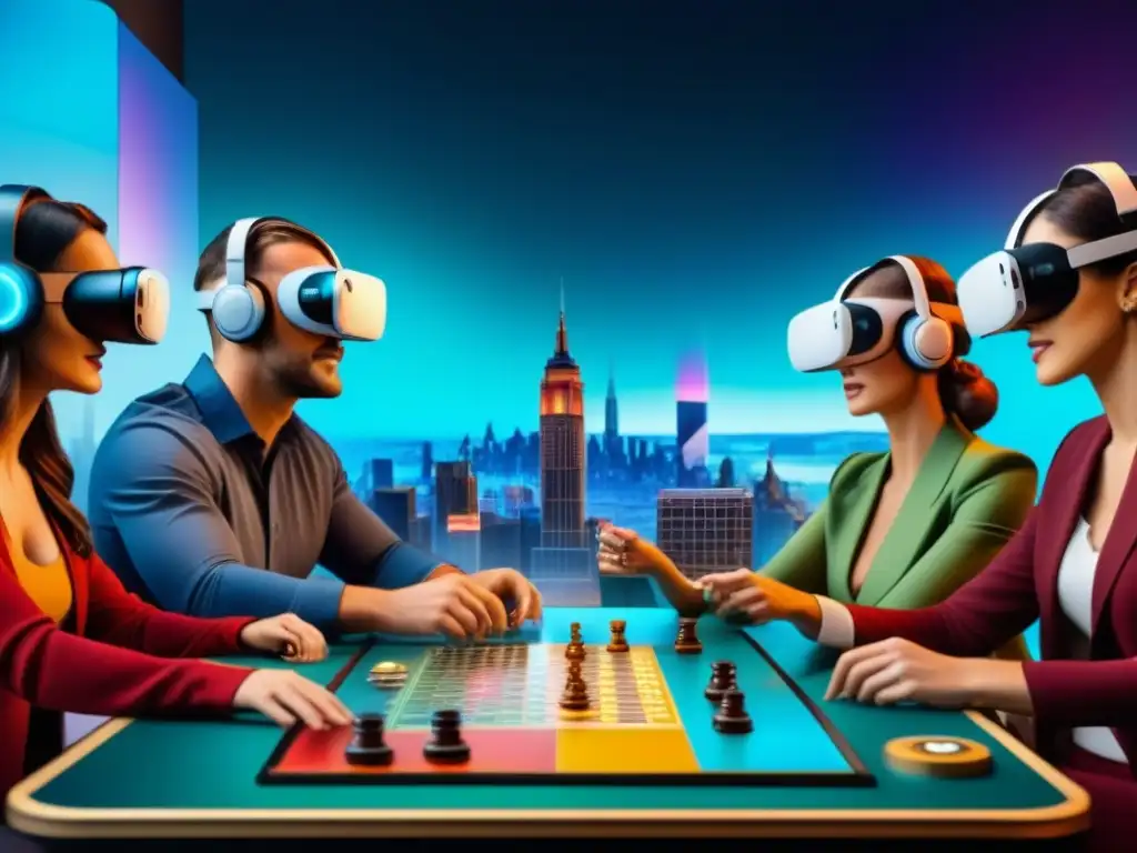 Jugadores de mesa en Realidad Virtual disfrutan de un juego clásico en una ciudad futurista vibrante