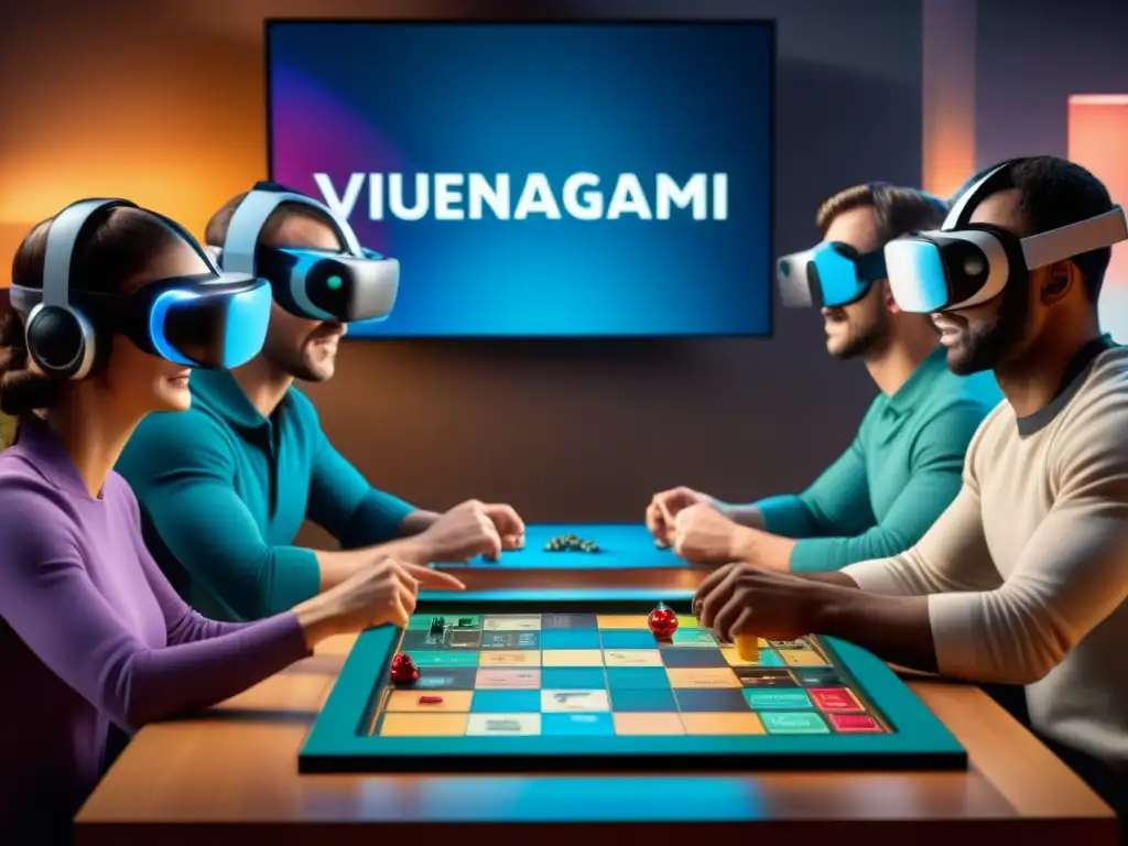 Jugadores de mesa disfrutan de la Realidad virtual en juegos de mesa, inmersos en un emocionante juego digitalizado