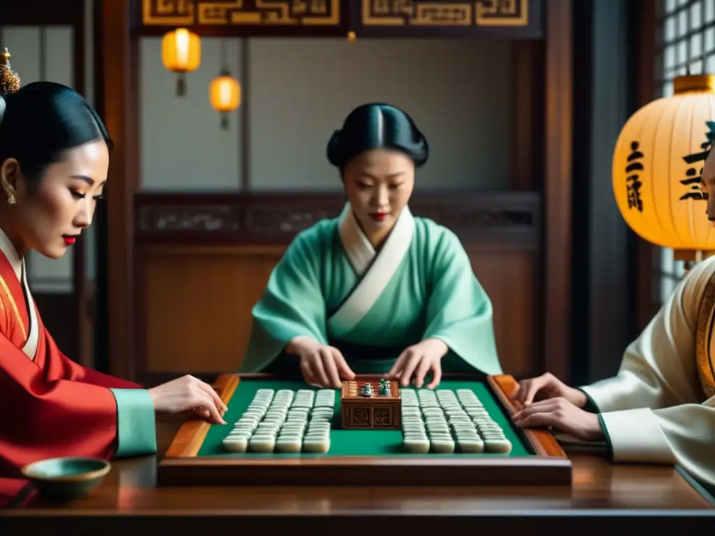 Partida de mahjong tradicional: intensidad y elegancia en acción Cuatro jugadores de Mahjong en una mesa tradicional, rodeados de azulejos de marfil y racks de madera, inmersos en el juego