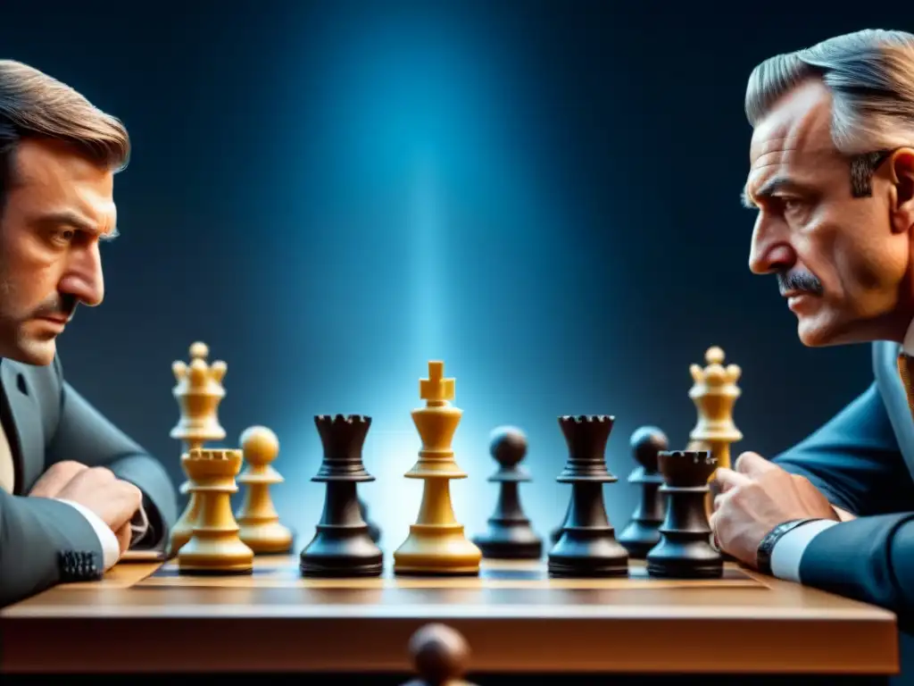 Intensa partida de ajedrez: estrategia y riesgo en cada movimiento Dos jugadores con miradas intensas en un tablero de ajedrez, en un momento crucial de una partida hipermoderna