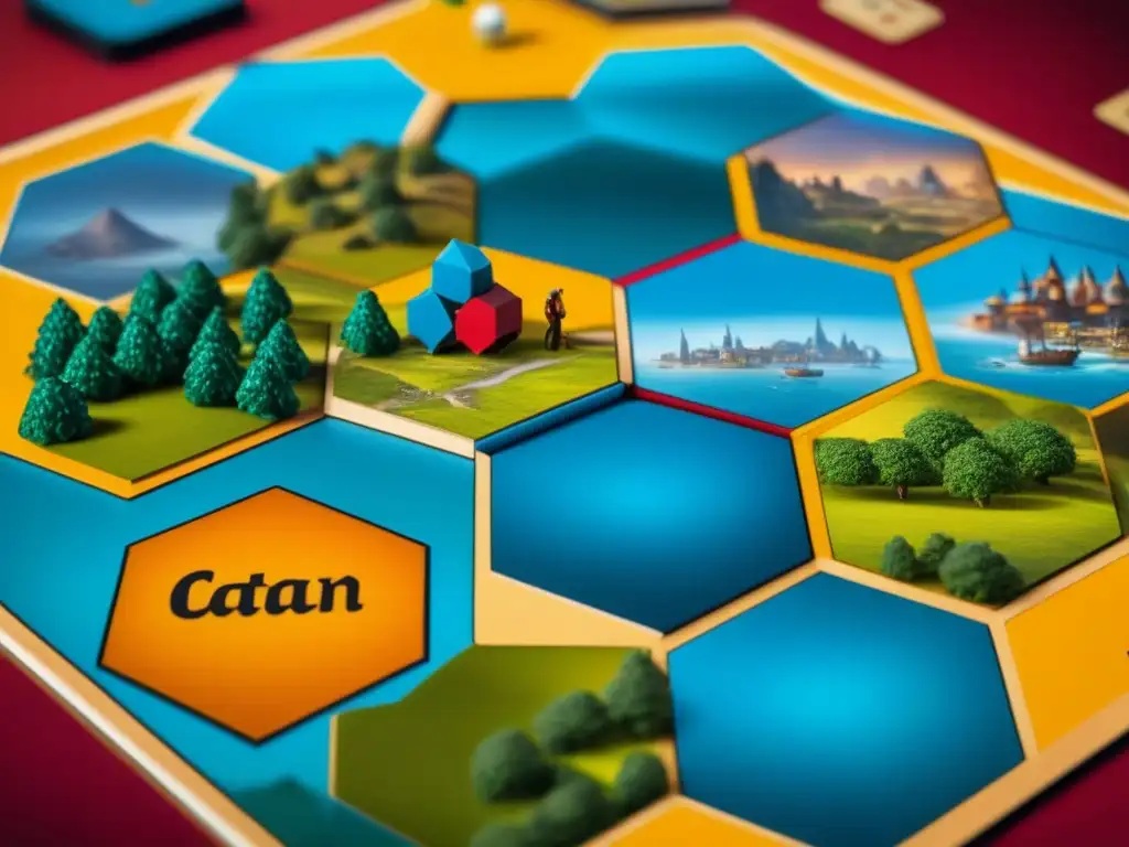 Diversos jugadores disfrutan intensamente una partida de Catan, mostrando camaradería y estrategia en una atmósfera de juego de mesa