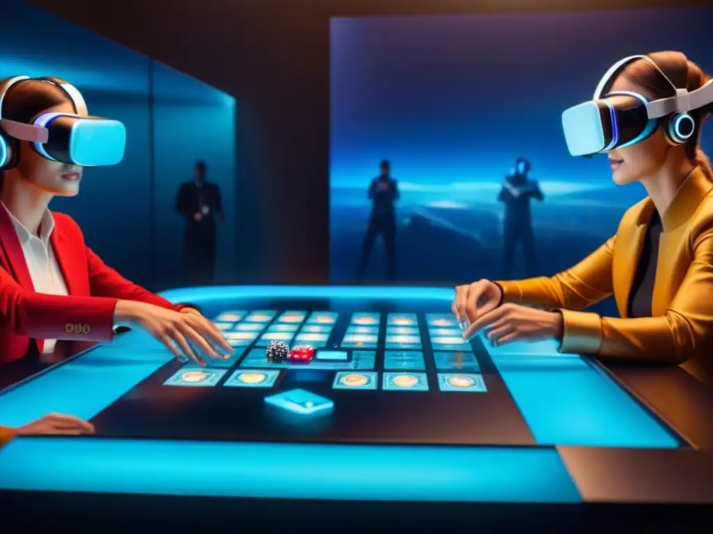 Jugadores disfrutan de Realidad Virtual para juegos de mesa en un mundo futurista