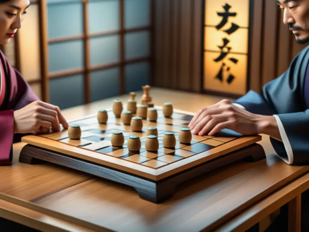 Dos jugadores de Shogi concentrados en estrategias avanzadas sobre un tablero de madera, rodeados de piezas tradicionales japonesas