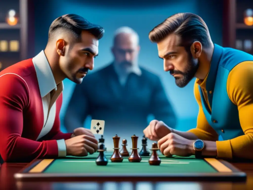 Dos jugadores veteranos compiten estratégicamente en un juego de mesa, concentrados en sus estrategias