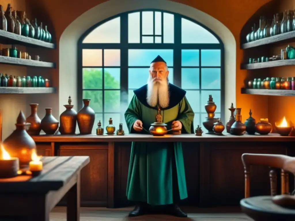 El laboratorio del mago medieval, con pociones burbujeantes y libros de hechizos antiguos