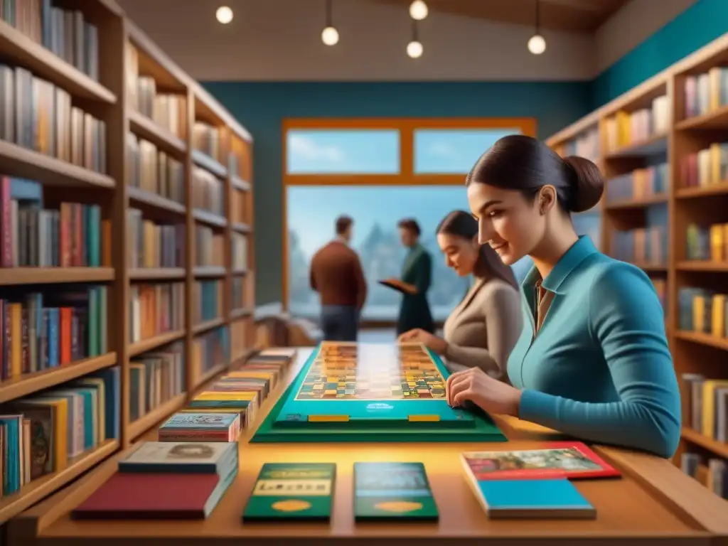 Una librería vibrante con juegos de mesa y libros coloridos, donde personas de todas las edades leen y juegan